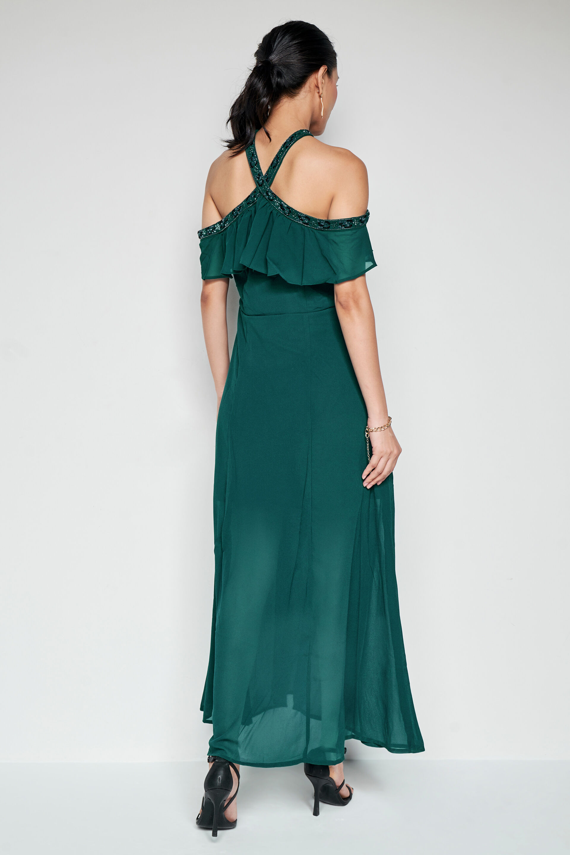 Buy our Emrald Green Solid Flared Gown online from ANDIndia SC